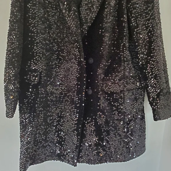 NINE WEST Sz XL Black Sequins Blazer 36" Mini Dress LS Collar Glitzy NYE EUC - Picture 13 of 16